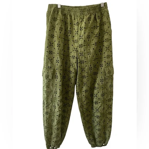 Anthropologie Women’s Eyelet Cargo Jogger Pants Army Green Cotton Pocket Size SP - Picture 2 of 10